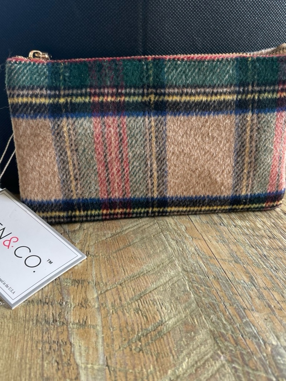 Plaid Wool Zip Clutch in Tan, Green & Blue by Jen & Co